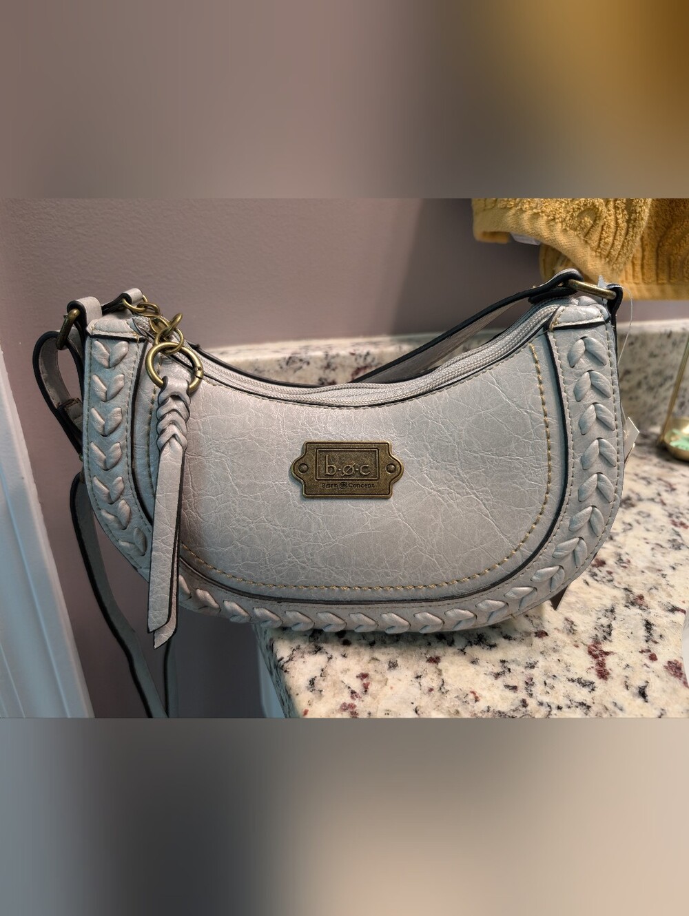 boc White Braided Trim Crossbody with Antique Gold Plaque